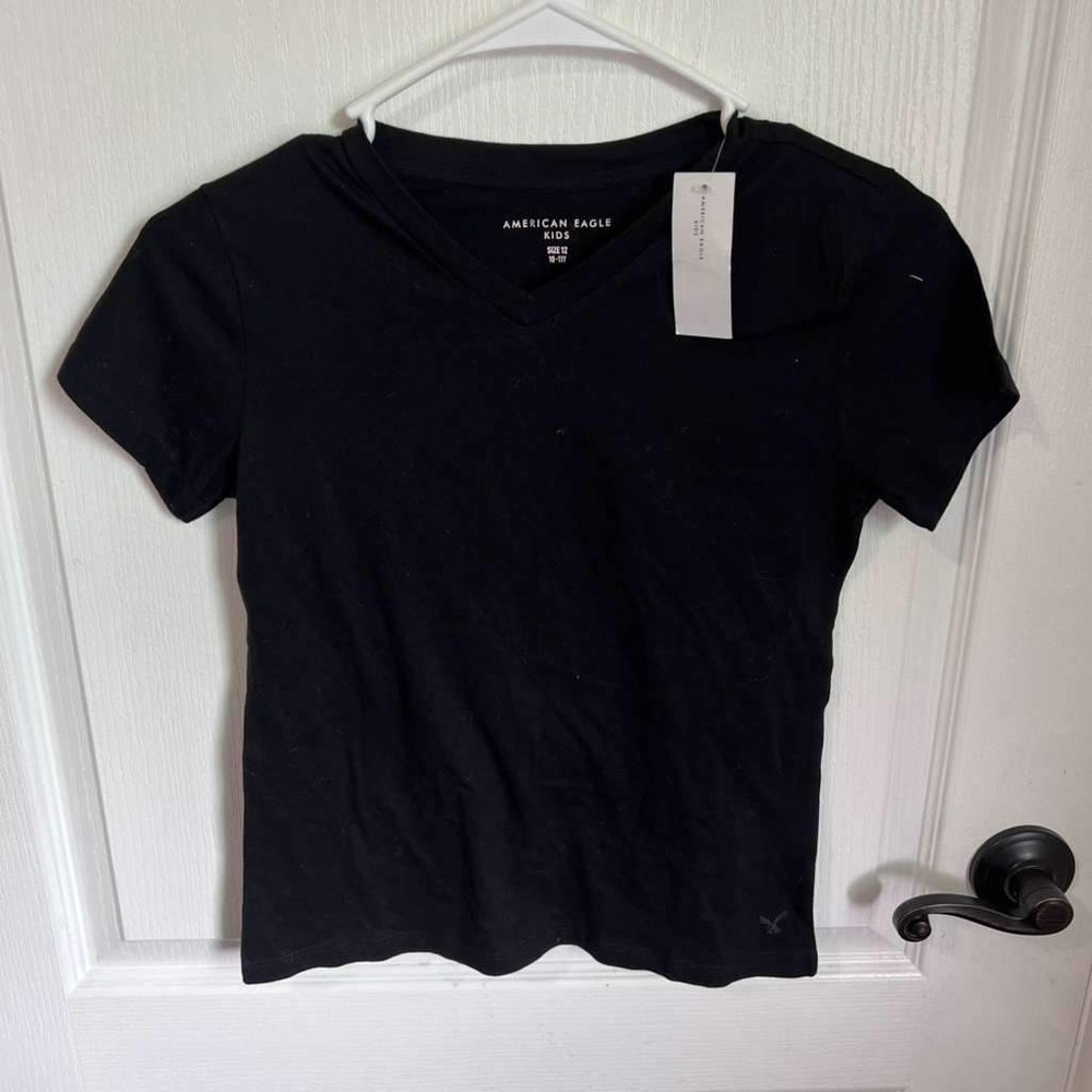 American Eagle Kids Black V-Neck T-Shirt Size 12 10-11Y‎ Short Sleeve Cotton Tee